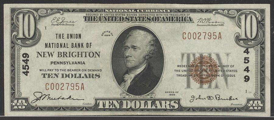 New Brighton, PA, 1929T1 $10, Ch.#4549, Union National Bank